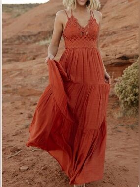 Baltic Born-Summerlin Orange Lace Top maxi dress.Strappy back.Tiered skirt. S